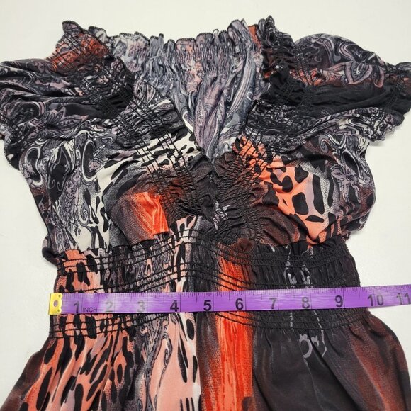 ORANGE and Black Short Sleeve Ruched Stretchy V Neck Summer Maxi Long Dress - Picture 15 of 16